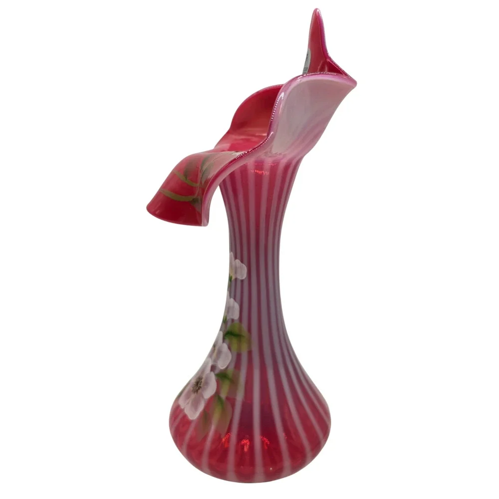 FENTON CRANBERRY OPAL RIBBED OPTIC DECORATED JIP VASE MUSEUM COLL SIGNED